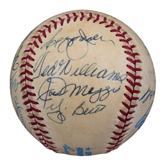 Hall of Famers and Stars Multi Signed OAL Brown Baseball With 15 Signatures Including Williams, DiMaggio, Mantle and Berra (Beckett)